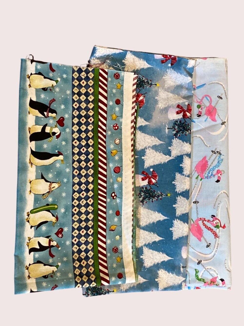 Fabric  Remnanat Penguin Flamingo Snowmen Christmas Tree Quilting Sewing Lot  3